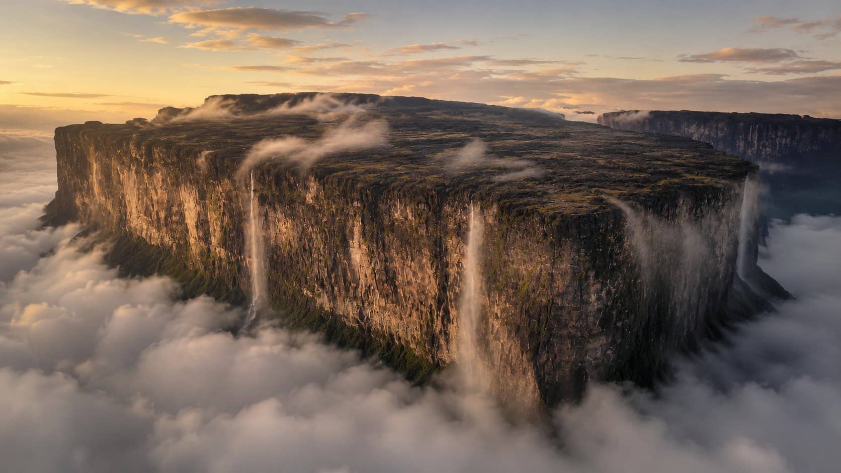 Mount Roraima at dawn, mist falling from its cliffs into a sea of cloud
